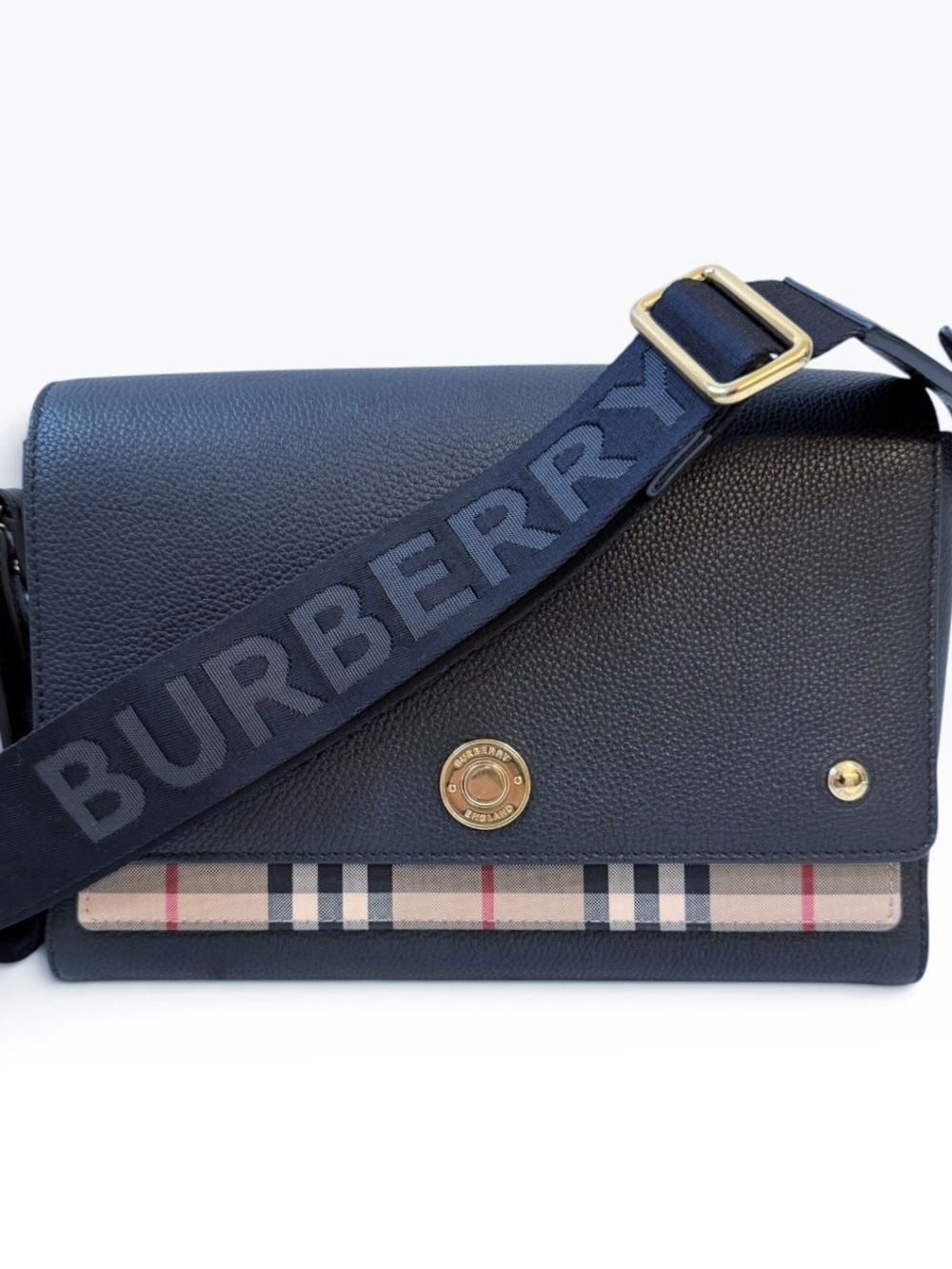 Burberry Note Bag Calf Leather Logo Strap Black Tan Check